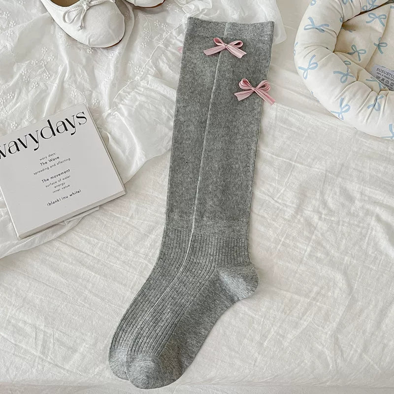 Ballet Style Bow Socks For Women Thin Sweet Cool Calf Socks Vertical Strip Jk Fashionable Miu Gray Pile Stockings