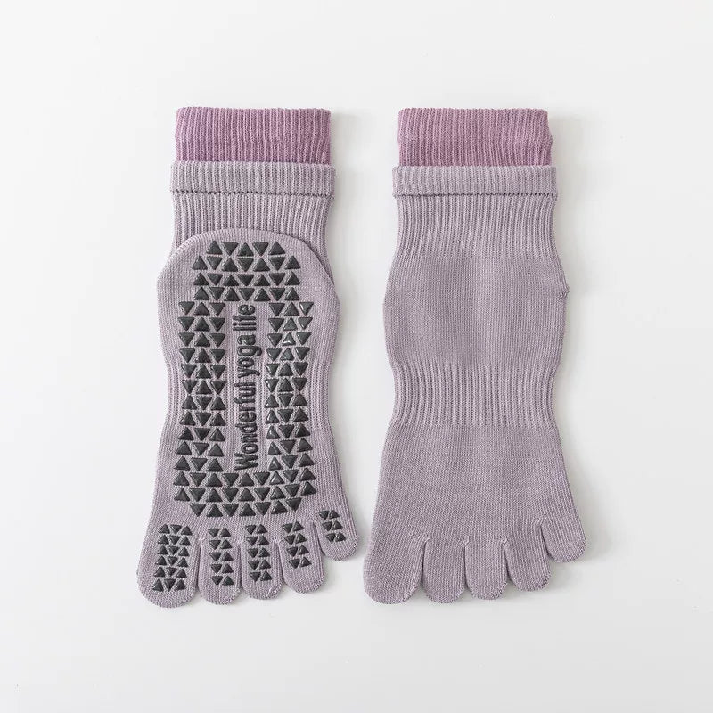 Findszx | Women’s Double-Cuff Mid-Calf Five-Toe Yoga Socks with Grip for Pilates & Indoor Fitness