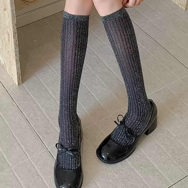 Findszx | Lightweight Vertical Stripe Long Calf Socks for Women, Sheer Texture Design, Spring & Summer Style