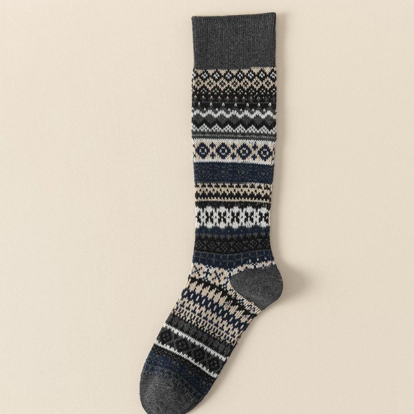 Ethnic Style Retro Calf Socks Double-Needle Fair Isle Stockings For Women In Autumn And Winter Paired With Snow Boots And Piled High Socks